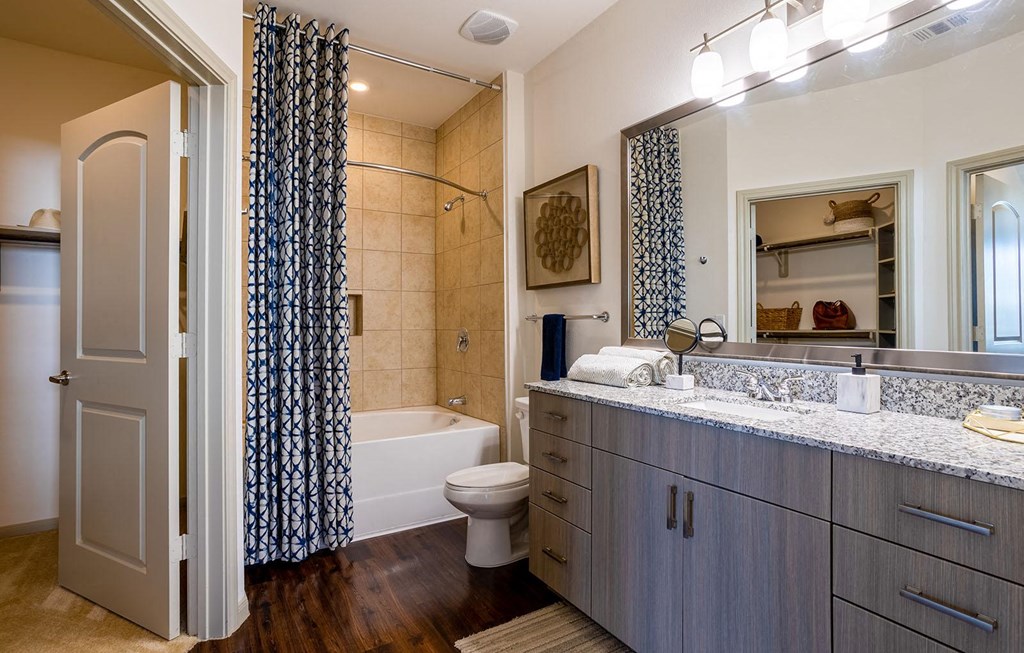 a bathroom with a sink and a toilet and a shower at The Parkway on Westlake, Humble, TX, 77346