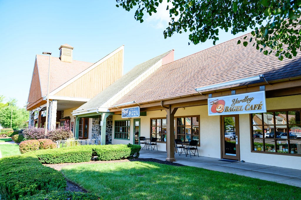 A bagel cafe with a green lawn in front at Madison Prickett Preserve, Yardley, 19067