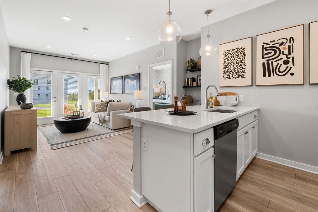 A modern kitchen with a large island and a view of the outdoors at Madison Prickett Preserve, Pennsylvania