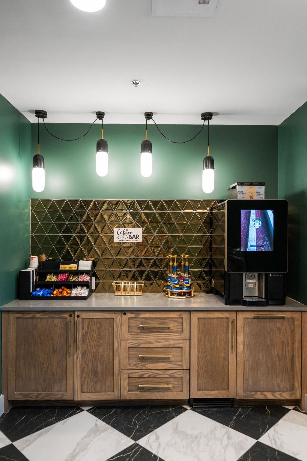 a coffee shop with a counter and a television at Madison Prickett Preserve, Yardley, 19067