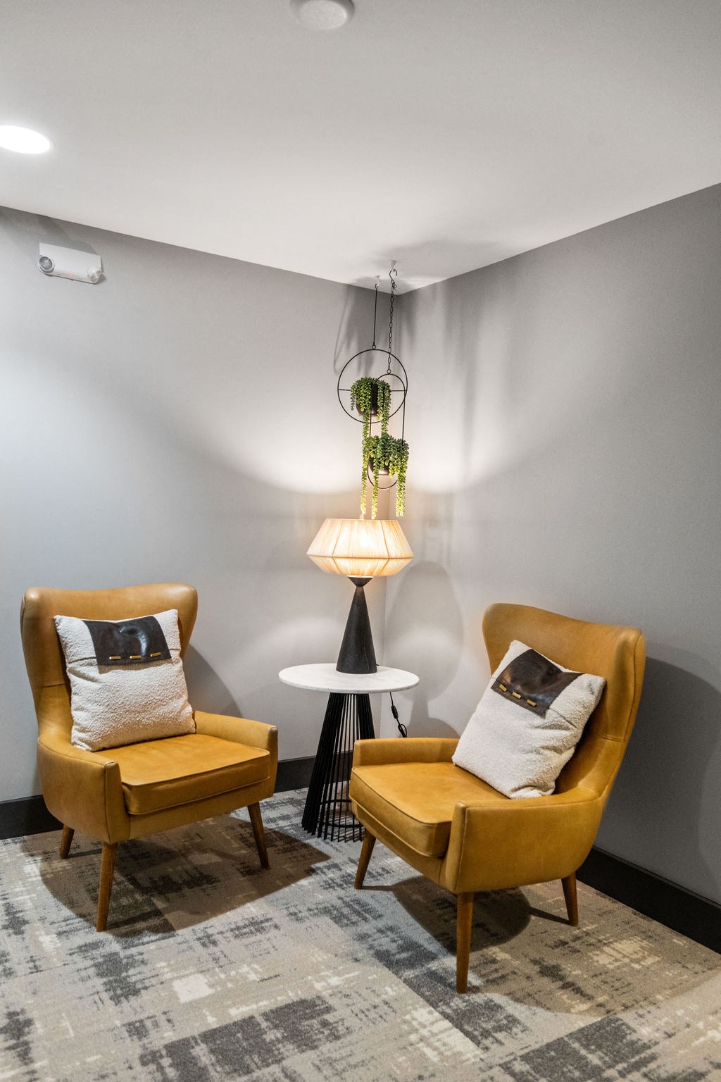 Two yellow chairs with cushions are placed in a room with a hanging plant and a table at Madison Prickett Preserve, Pennsylvania