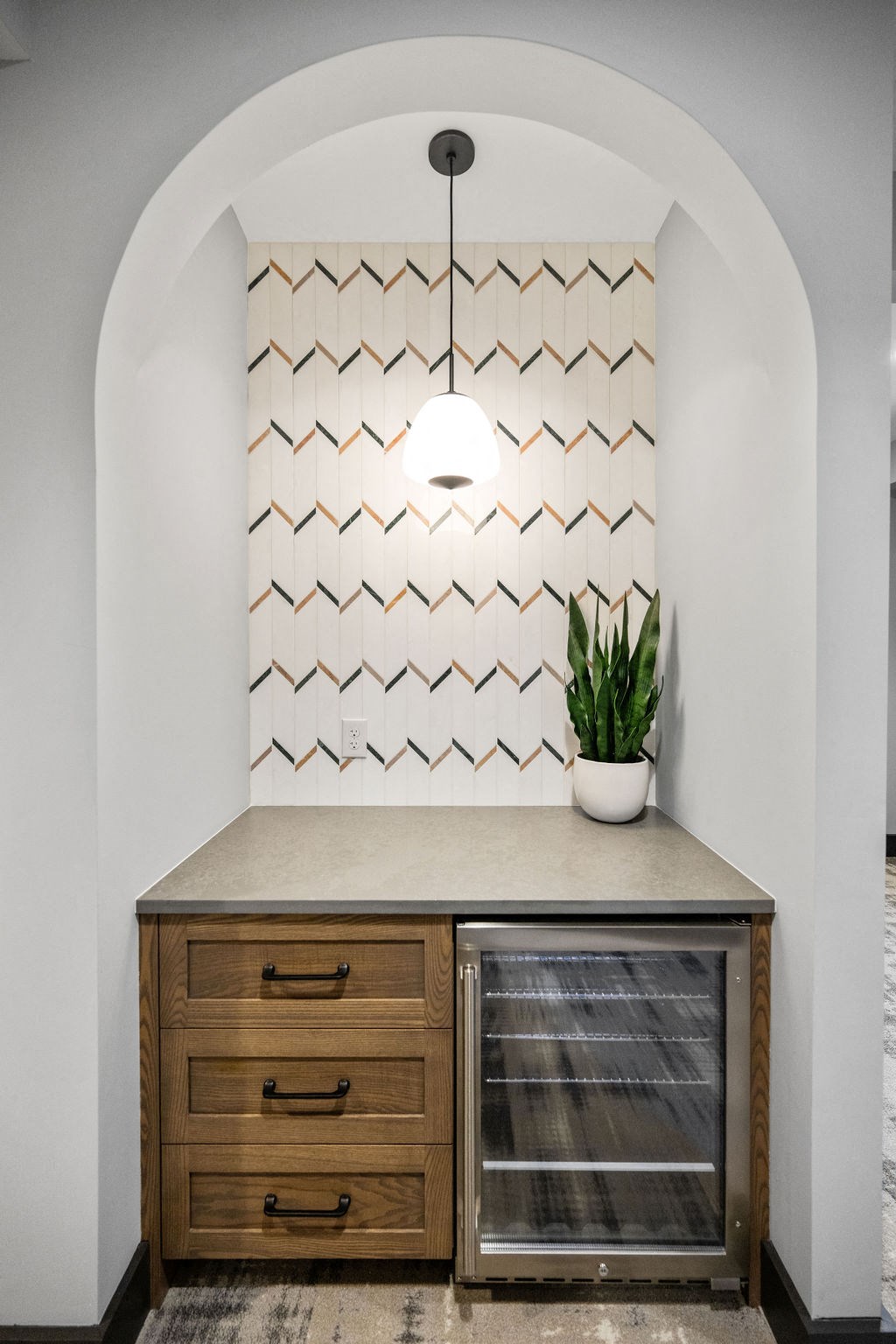 a kitchen with a counter top and a glass refrigerator at Madison Prickett Preserve, Yardley, 19067