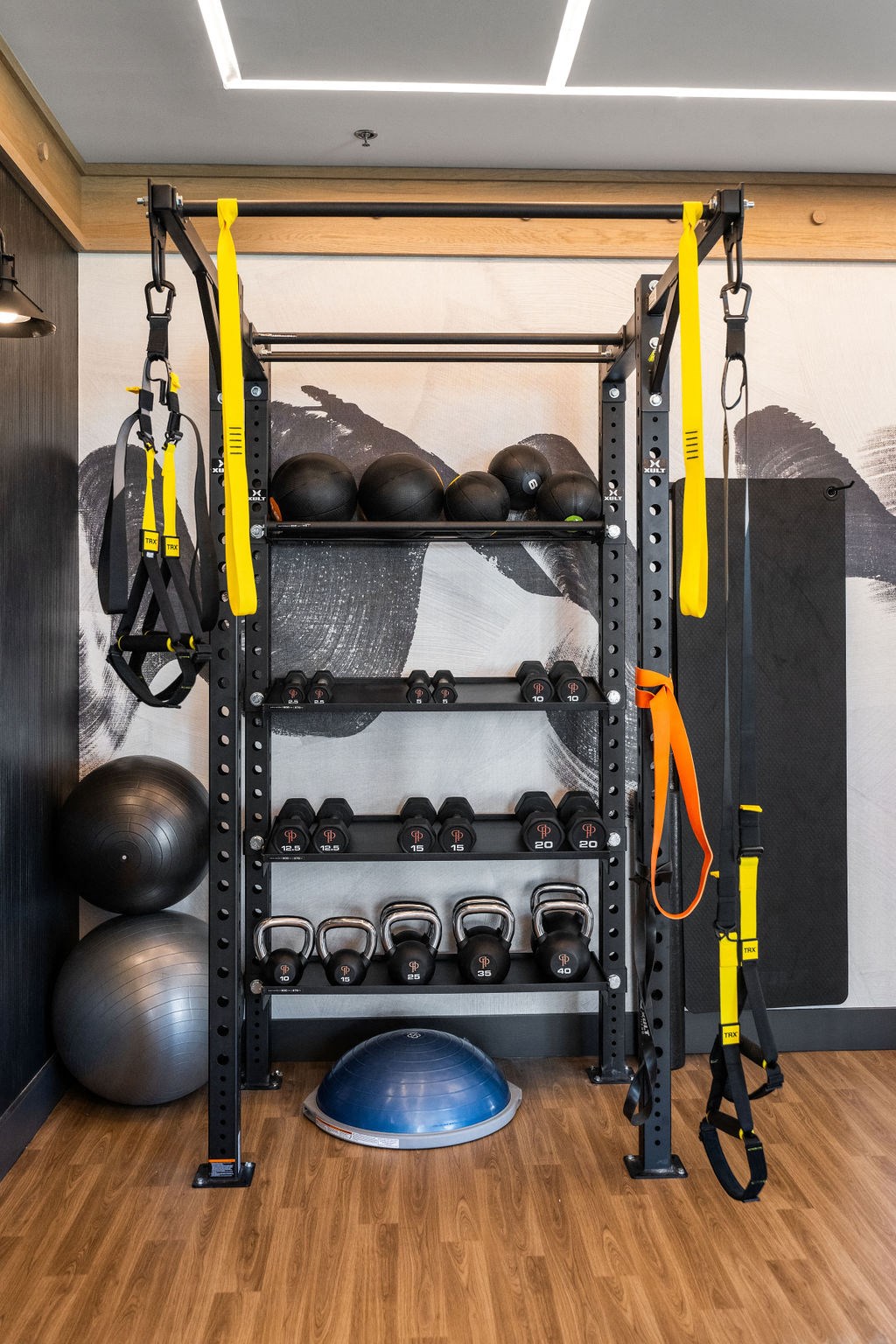 A gym setup with a squat rack, weights, and a bench at Madison Prickett Preserve, Yardley, PA