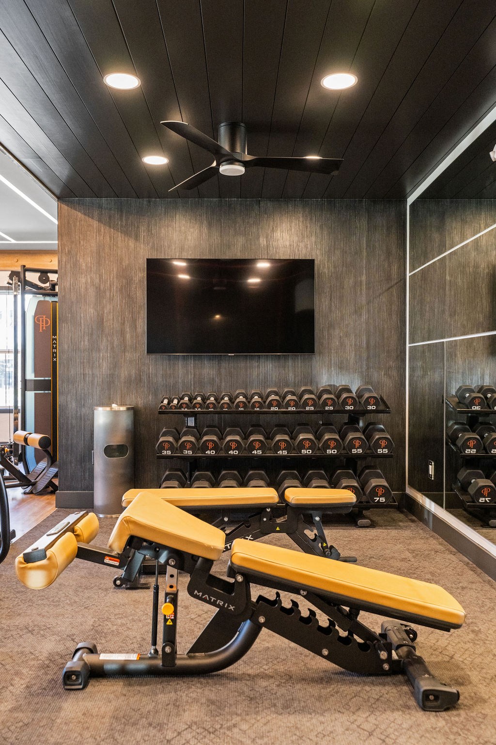 a workout room with weights and a tv on the wall at Madison Prickett Preserve, Yardley, 19067
