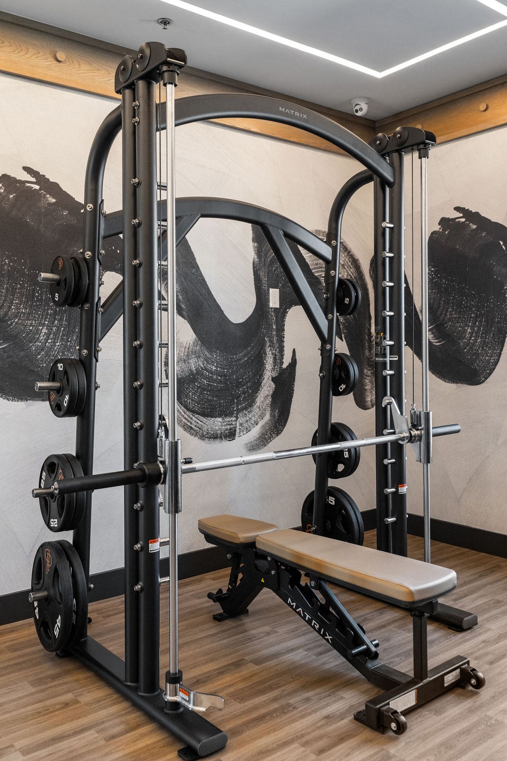 A black and white image of a gym with a squat rack and bench at Madison Prickett Preserve, Pennsylvania, 19067