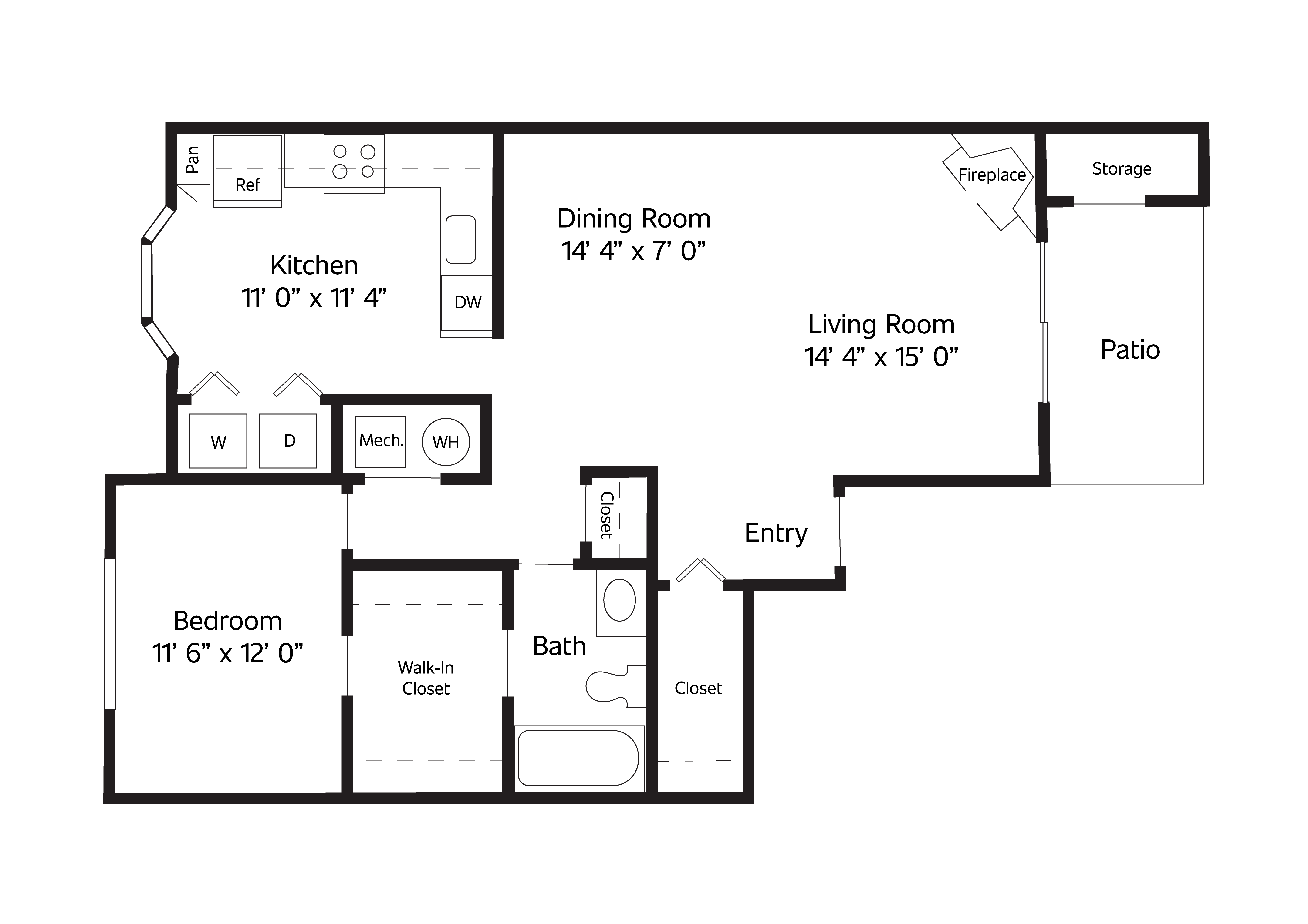 A floor plan of a house with a kitchen, dining room, living room, bedroom, bathroom, and patio.