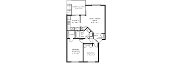 A floor plan of a two bedroom apartment with a bathroom, living room, dining room, kitchen, and two closets.