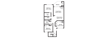 A floor plan of an apartment with two bedrooms, a living room, a dining room, a kitchen, a bathroom, and a balcony.