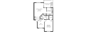 A floor plan of a one bedroom apartment with a bathroom, living room, dining room, kitchen, and two closets.