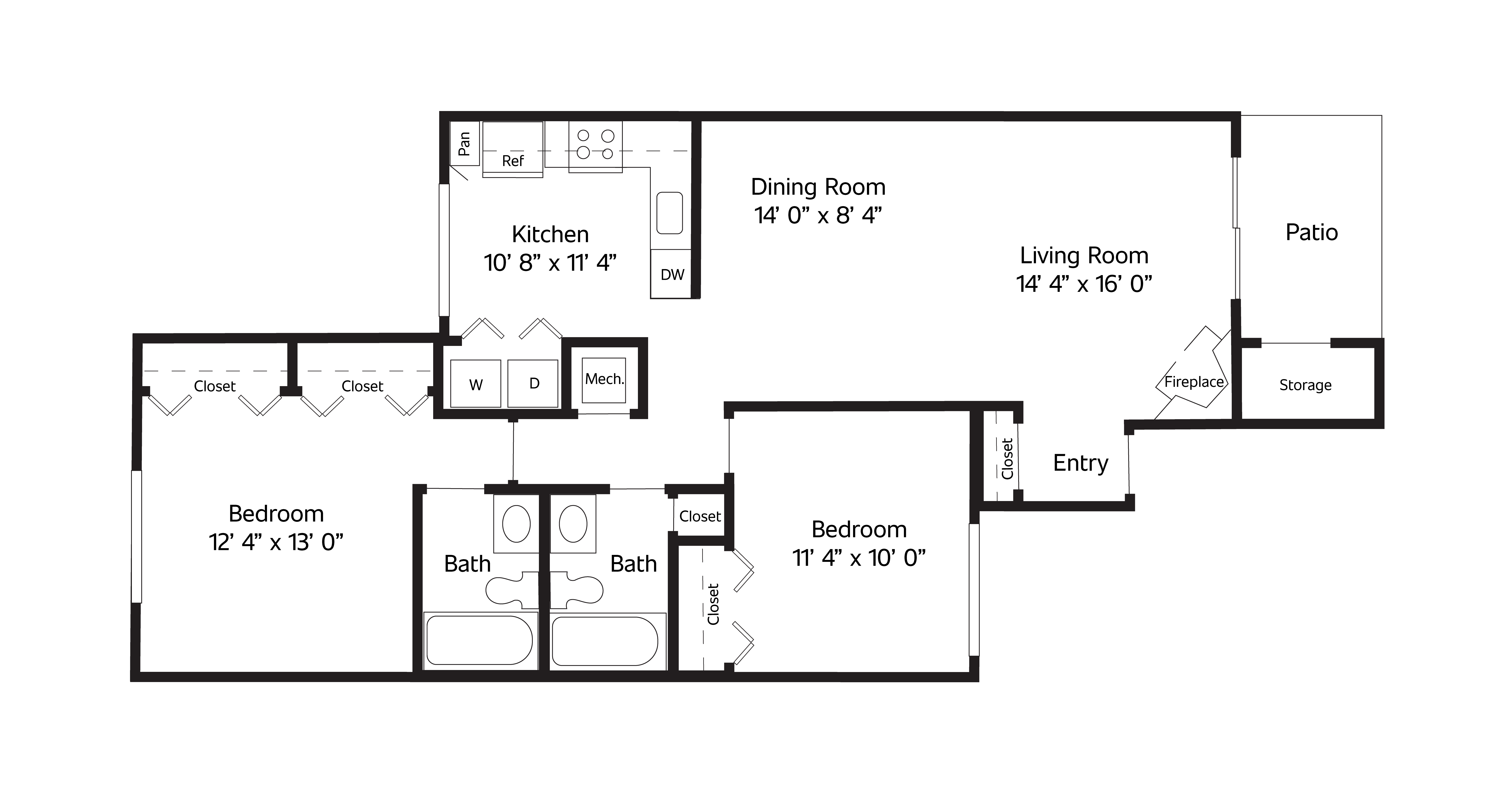 The Chestnut is a 1,115 SF two-bedroom, two-bath apartment.