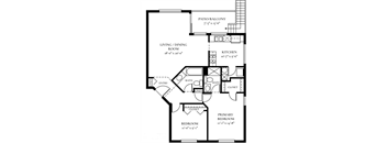 A floor plan of a two bedroom apartment with two bathrooms, living room, dining room, kitchen, and closets.
