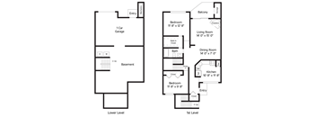 The Oak is a 1,130 SF two-bedroom, one-bath apartment. Select units with garages.