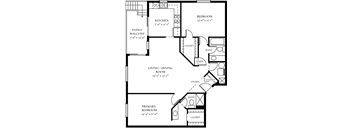 A floor plan of a two bedroom apartment with two bathrooms, living room, dining room, kitchen, and closets.