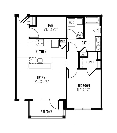 floor plan of a 1 bedroom 1 bath apartment with a den  at Madison Providence, Collegeville, PA