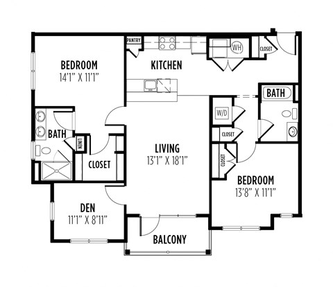 floor plan of a 2 bedroom 2 bath apartment with a den  at Madison Providence, Collegeville, Pennsylvania