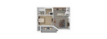 a stylized floor plan with a bedroom and living room