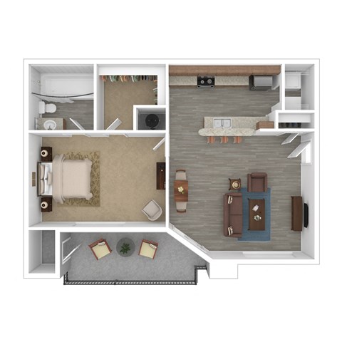 a stylized floor plan with a bedroom and living room