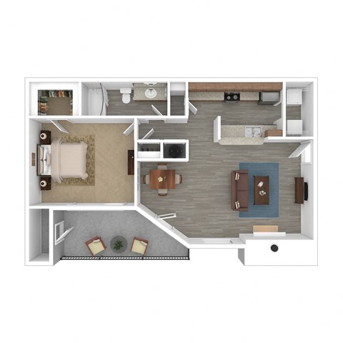 a stylized floor plan with a bedroom and living room