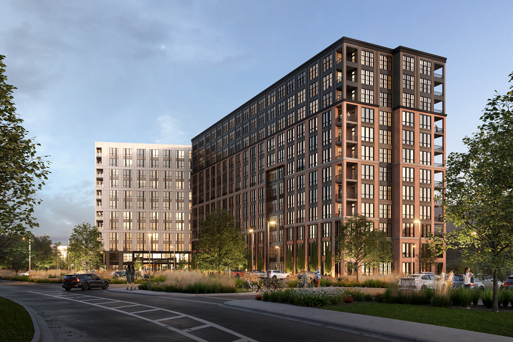 a rendering of a tall building with many windows and a parking lot in front of it at Madison West Elm, Pennsylvania, 19428