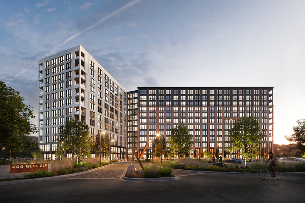 a rendering of two buildings with trees in the foreground at Madison West Elm, Conshohocken, PA