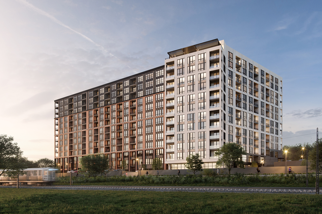 a rendering of a 16 story apartment building with balconies at Madison West Elm, Conshohocken, PA 19428