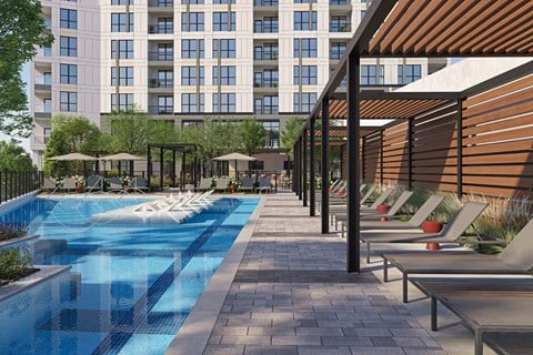 a rendering of the pool area at the residences at omni louisville apartments at Madison West Elm, Conshohocken, PA