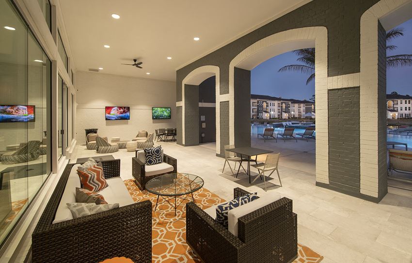 Outdoor Patio Outdoor Covered Patio with Soft Seating and TVs overlooking pool