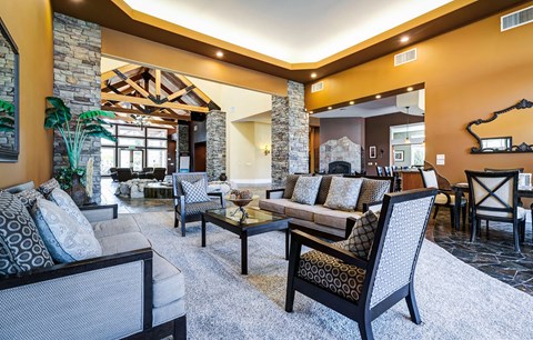 a living room with couches and chairs and a fireplace