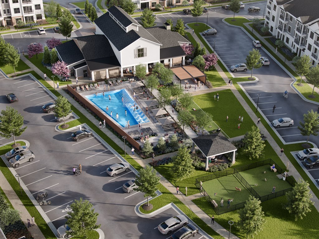 an aerial view of the resort style community with a large pool in the middle of a parking an aerial view of the resort style community with a large pool in the middle of a parking at Madison Prickett Preserve, Pennsylvania