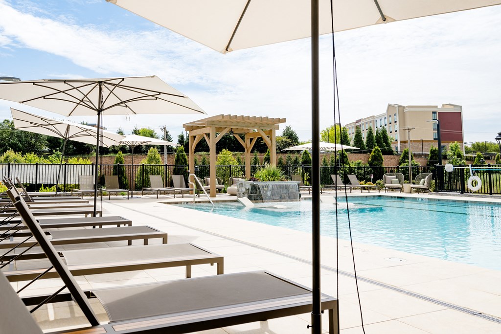 a pool with lounge chairs and umbrellas at The Harrison, Newtown Square, PA