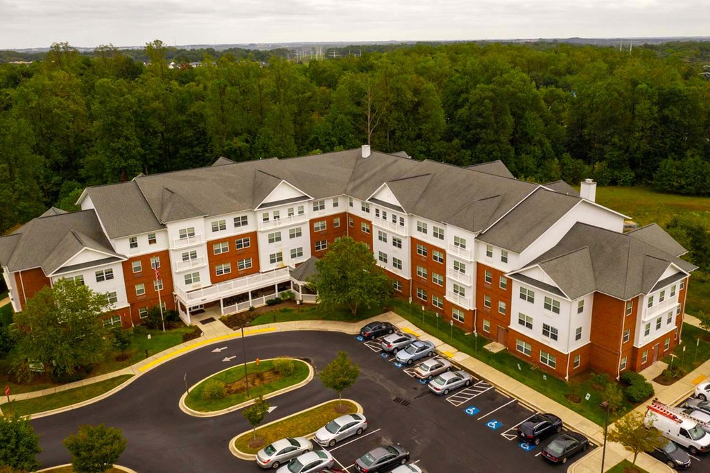 aerial view of the building and parking lot
