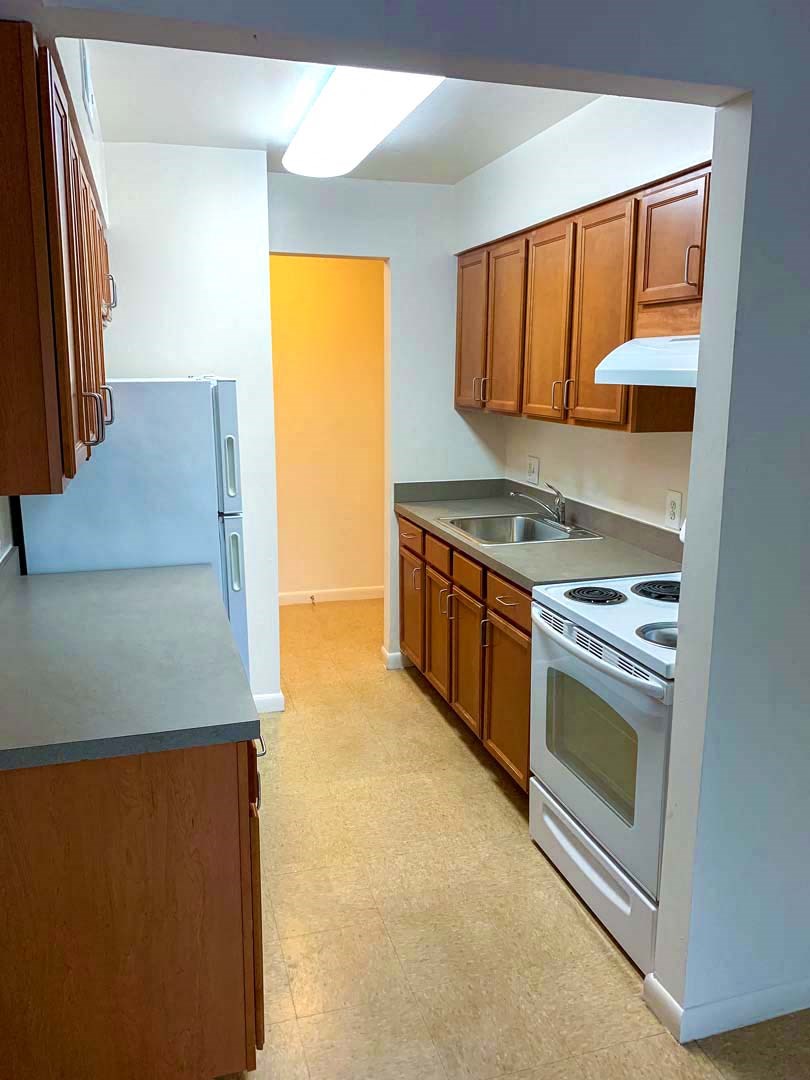 a kitchen with a stove and a refrigerator and a sink