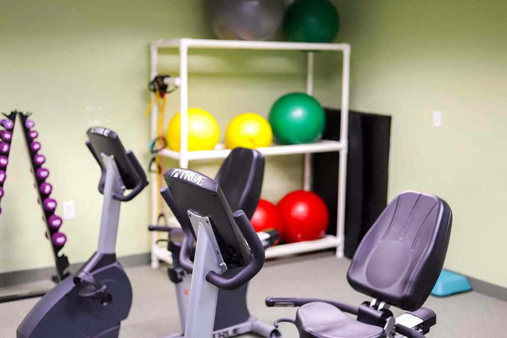 a gym with exercise equipment and a shelf of balls