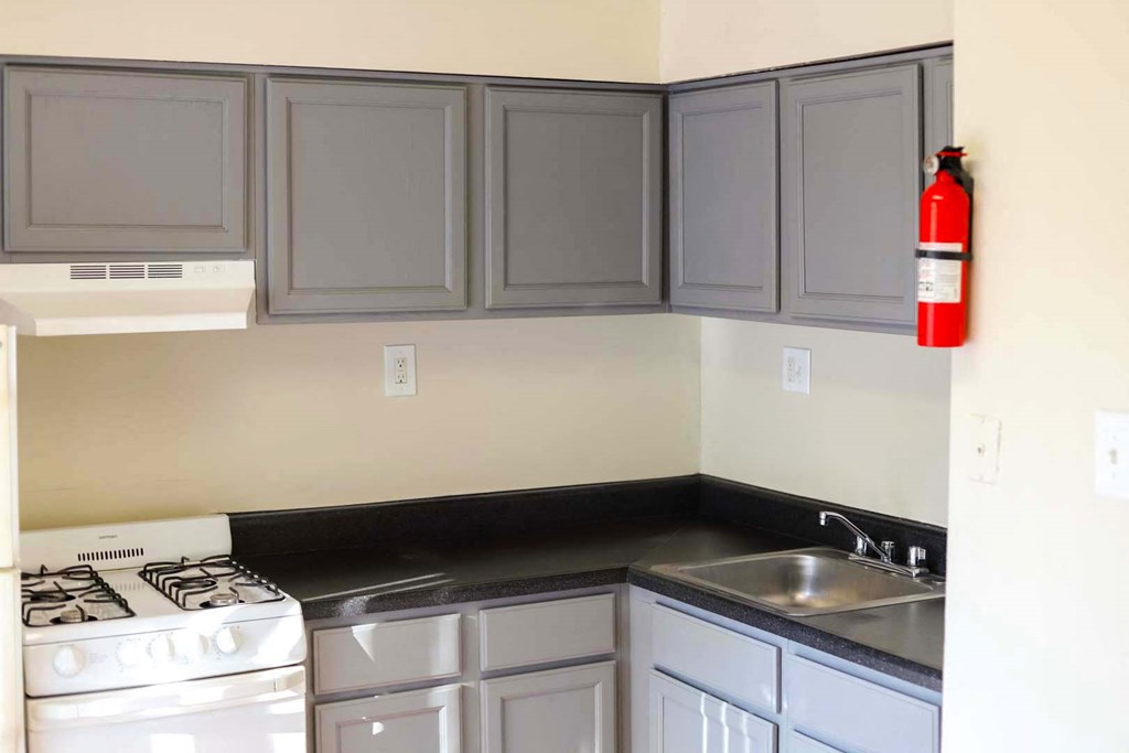 a kitchen with a stove and sink and gray cabinets
