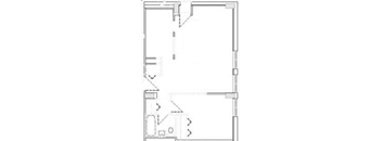 A floor plan of a house with a kitchen, living room, and two bedrooms.