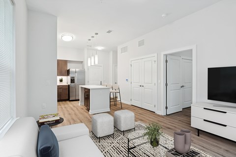 A modern living room with a white couch, a black and white rug, and a wooden floor.