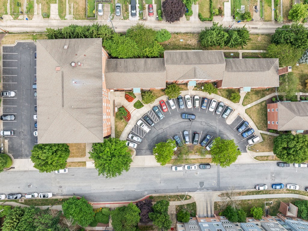 Aerial view of 55+ community Park View at Towson with parking and walking paths