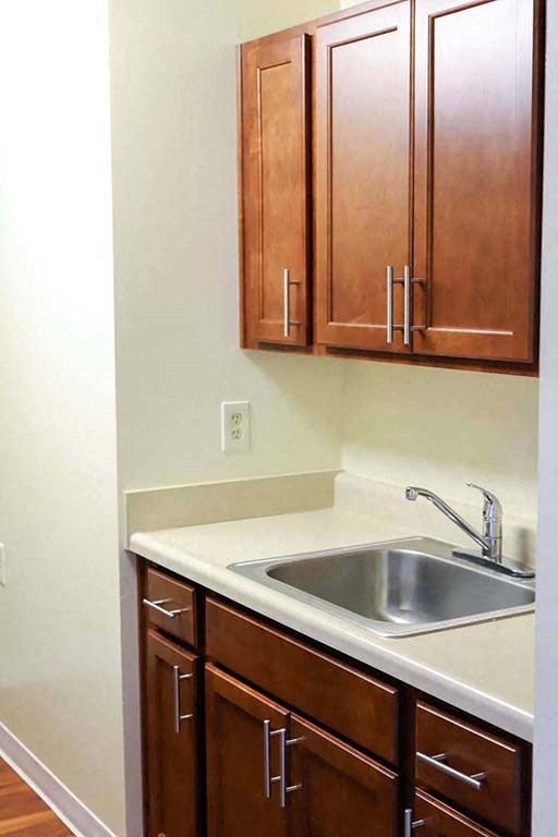 a kitchen with a sink and wooden cabinets