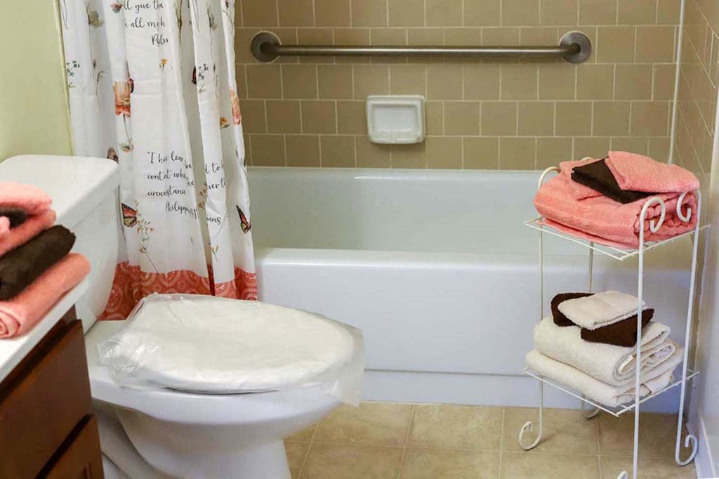 a bathroom with a toilet and a bath tub