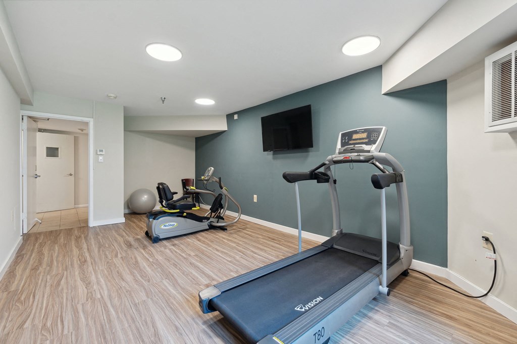 a home gym with a treadmill and exercise balls