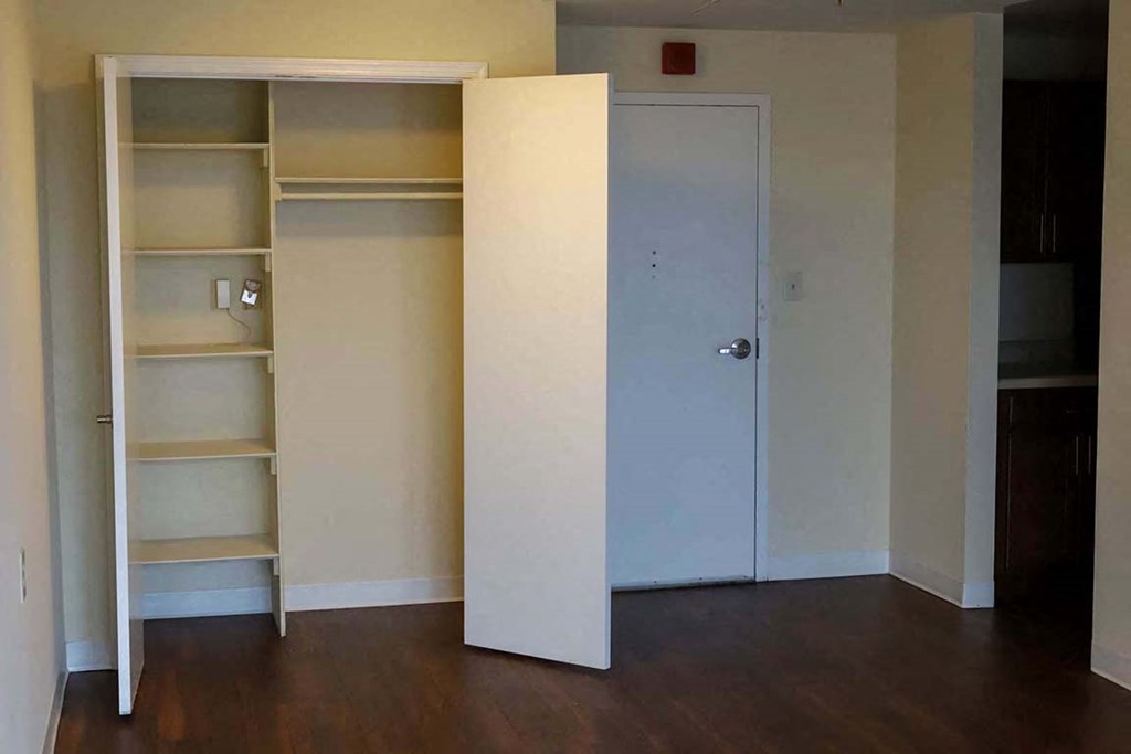 a room with a closet and a door