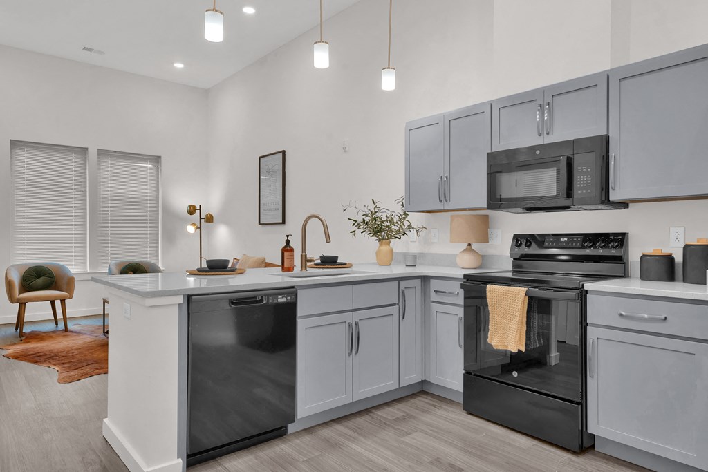 Fully-equipped kitchens with sleek, modern appliances at Highland Terrace apartments located in Richmond's Highland Park neighborhood