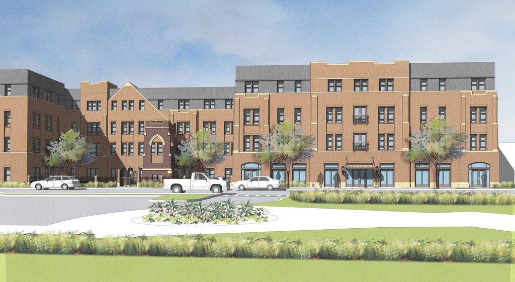 Rendering of Brookland Park, a brick building with cars parked in front of it