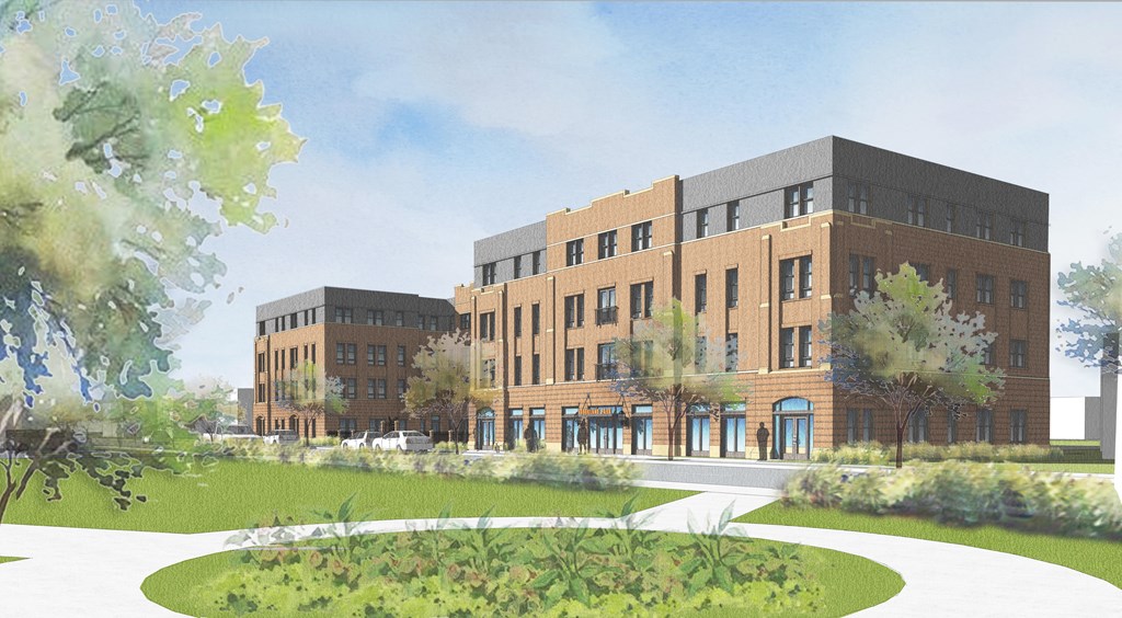 Rendering of Brookland Park, a large brick building with three other buildings in the background