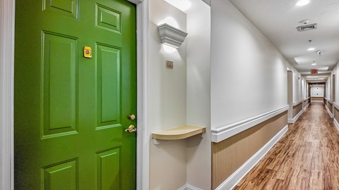 A green door with a yellow square on it.
