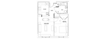 Floor plan of a 1-bedroom senior apartment at Park Heights Place, featuring a modern kitchen, living area, bedroom, and accessible bathroom.