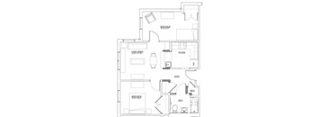 Floor plan of a 2-bedroom senior apartment at Park Heights Place, with spacious living area, modern kitchen, two bedrooms, and accessible bathroom.