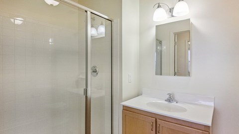 A bathroom with a sink, mirror, and shower.
