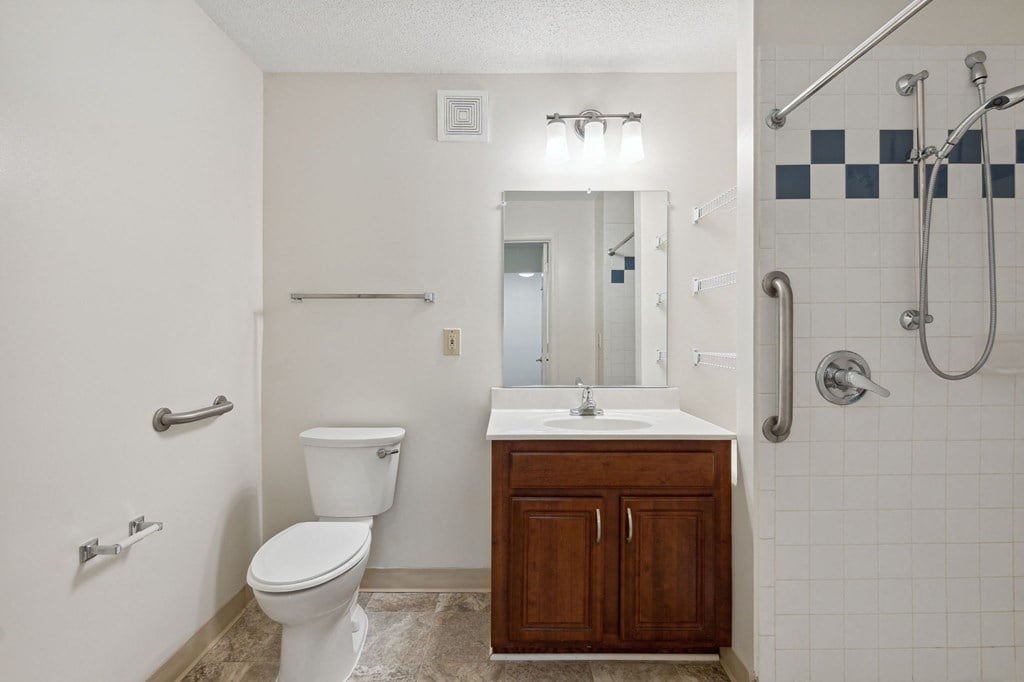 Park View at Laurel apartments for seniors offers upgraded safety features like grab bars in bathrooms and showers.