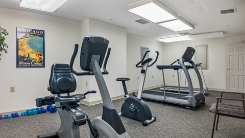 A gym with a treadmill, elliptical trainer and a stationary bike.